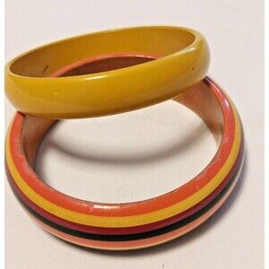Vintage Hand Painted Wood Bangle Bracelet set of 2 stripes and solid Yellow